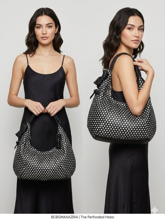 BCBGMaxAzria Handbags - NWT BCBGMAXAZRIA Black & White Perforated Polka Dot Hobo Bag - Vegan Leather